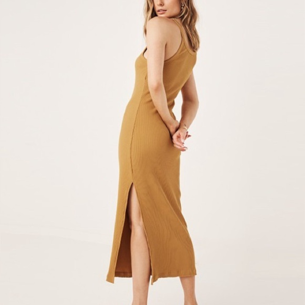 Spell Cosmos Rib Midi Dress Turmeric Sleeveless Stretch Organic Cotton Size S